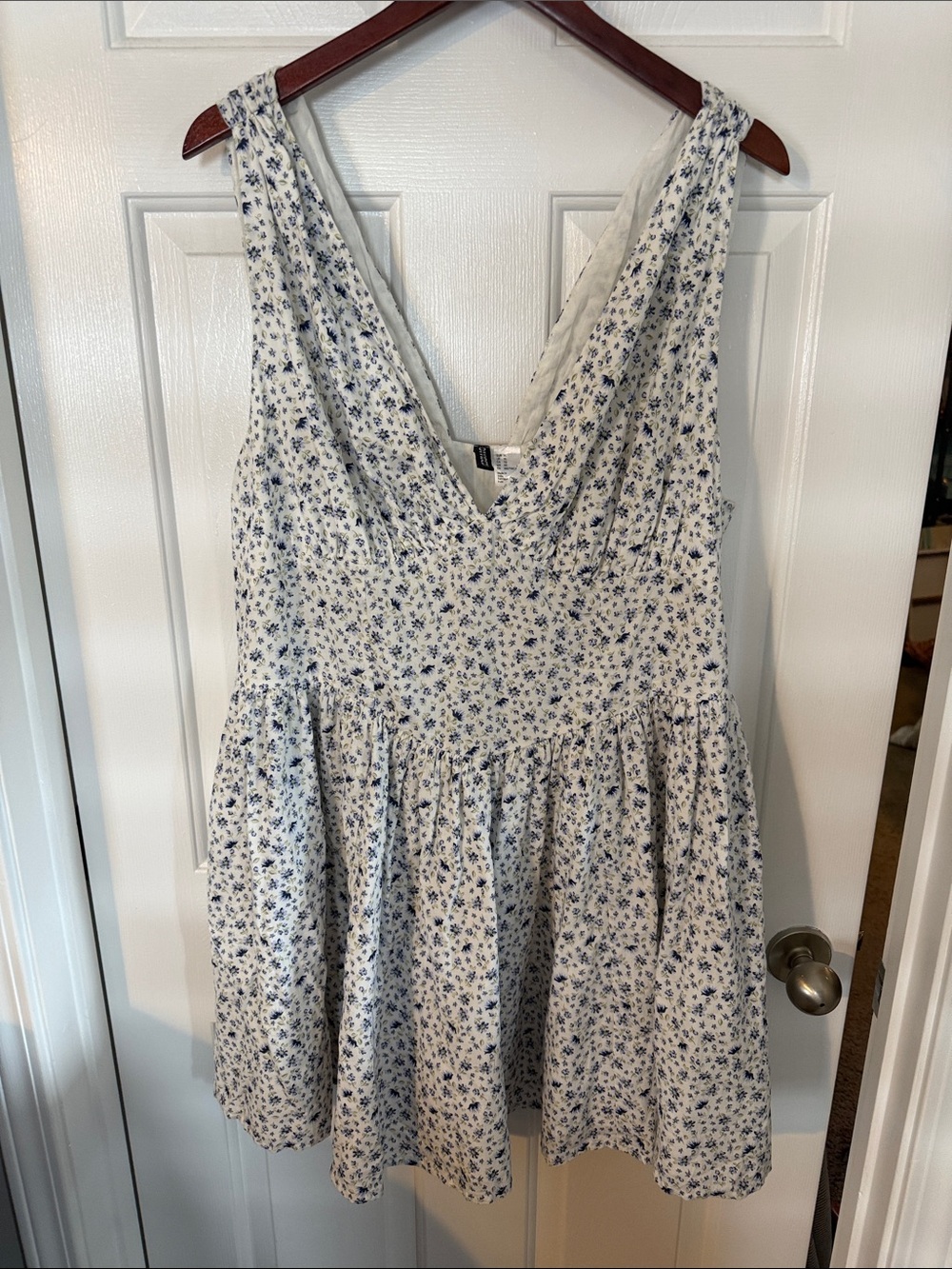 Divided White Mini Dress with Blue Floral Print
